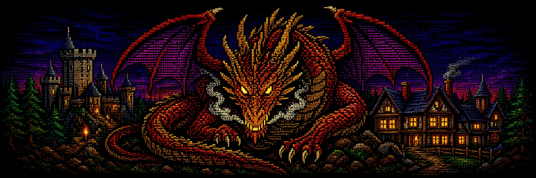 A massive coiled dragon looming over a silhouetted medieval realm, rendered in amber-phosphor ANSI art on a black background.